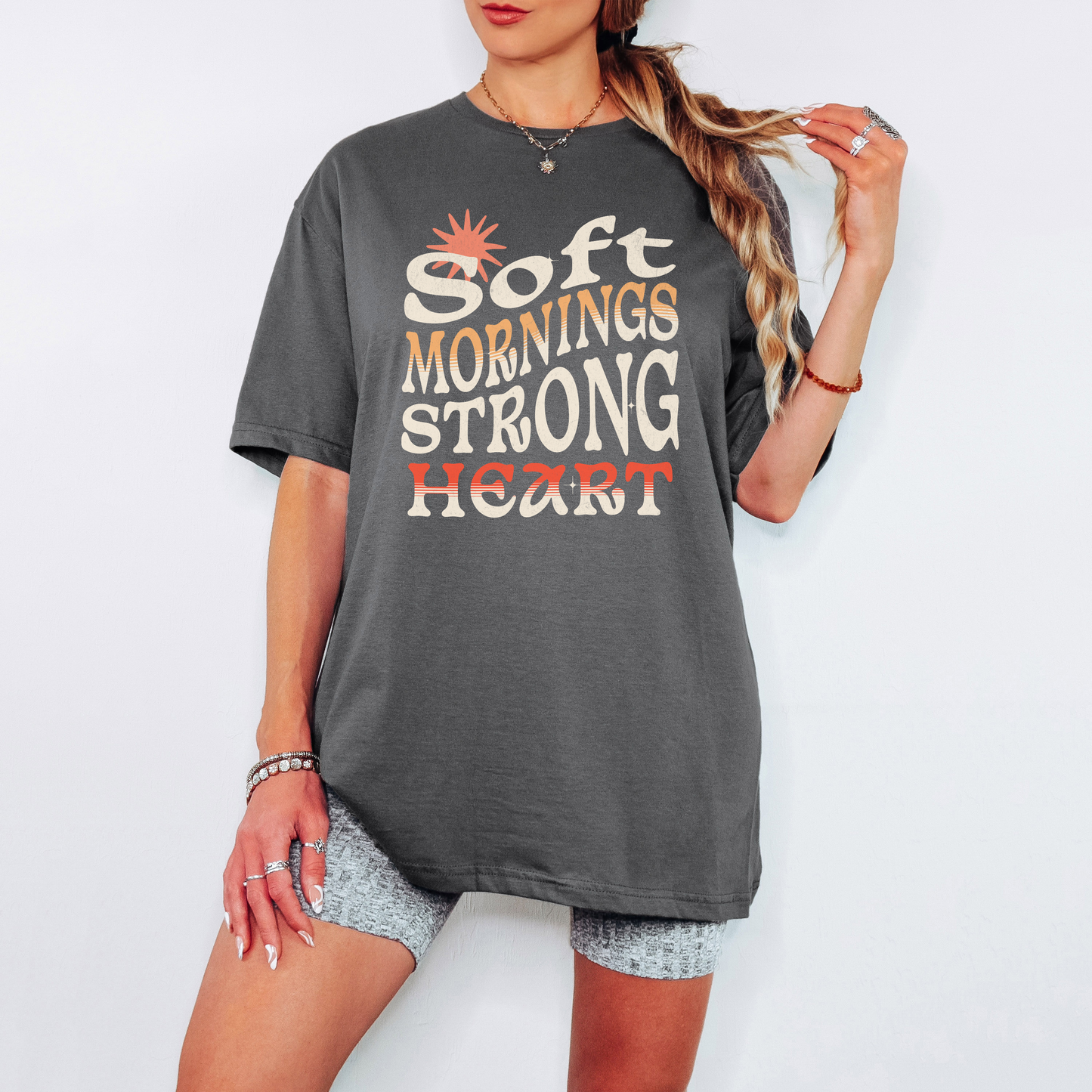 Soft Mornings Strong Heart T-Shirt – Pastel Wellness Shirt for Women, Inspirational Tee